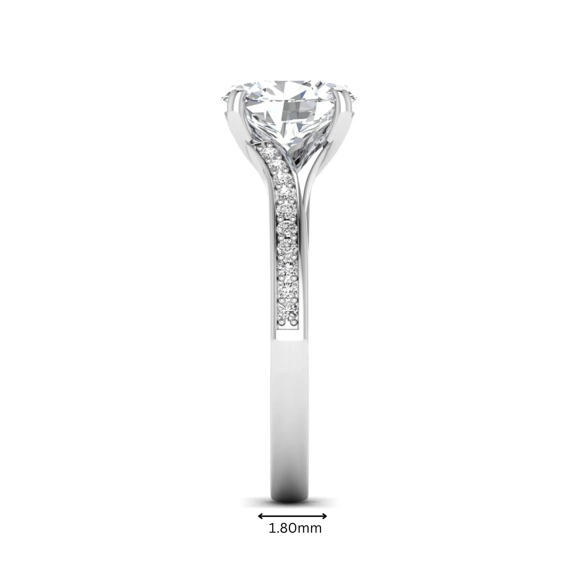 IGI Certified 1.86 carat Oval cut lab grown diamond solitaire engagement ring with round pave diamond band in white gold.