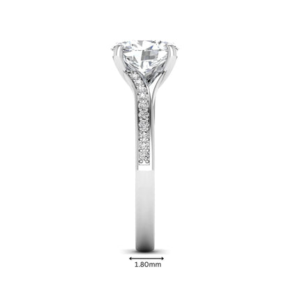 IGI Certified 1.86 carat Oval cut lab grown diamond solitaire engagement ring with round pave diamond band in white gold.