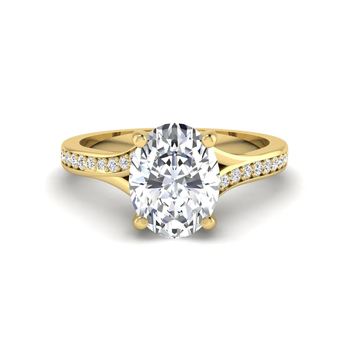 IGI Certified 1.86 carat Oval cut lab grown diamond solitaire engagement ring with round pave diamond band in yellow gold.