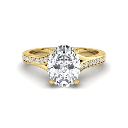 IGI Certified 1.86 carat Oval cut lab grown diamond solitaire engagement ring with round pave diamond band in yellow gold.