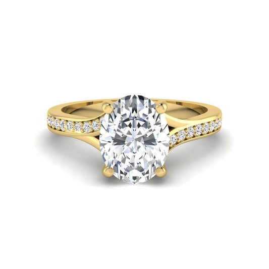 IGI Certified 1.86 carat Oval cut lab grown diamond solitaire engagement ring with round pave diamond band in yellow gold.