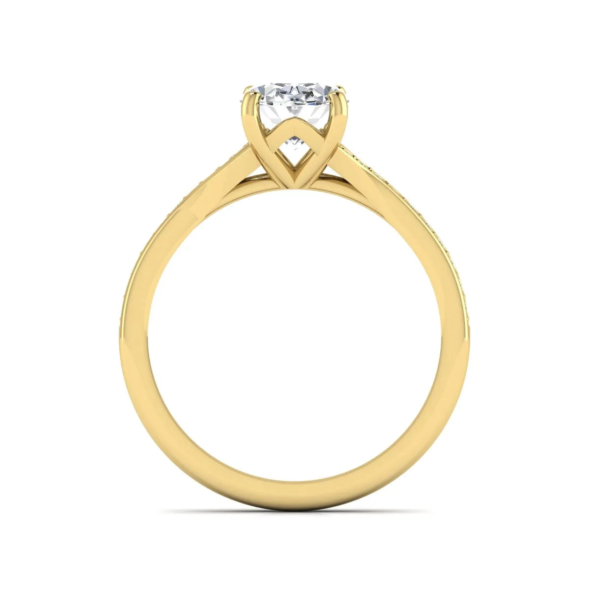 IGI Certified 1.86 carat Oval cut lab grown diamond solitaire engagement ring with round pave diamond band in yellow gold.