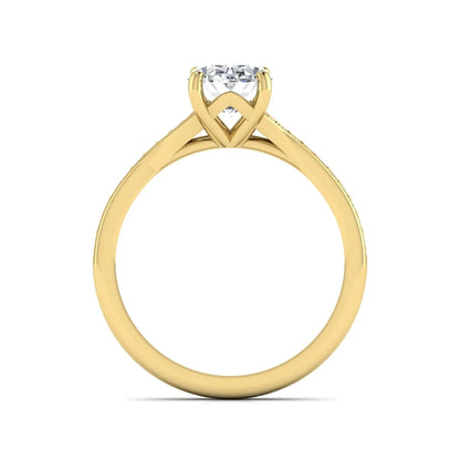 IGI Certified 1.86 carat Oval cut lab grown diamond solitaire engagement ring with round pave diamond band in yellow gold.