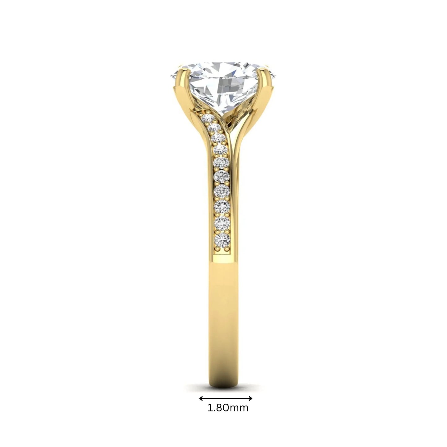 IGI Certified 1.86 carat Oval cut lab grown diamond solitaire engagement ring with round pave diamond band in yellow gold.