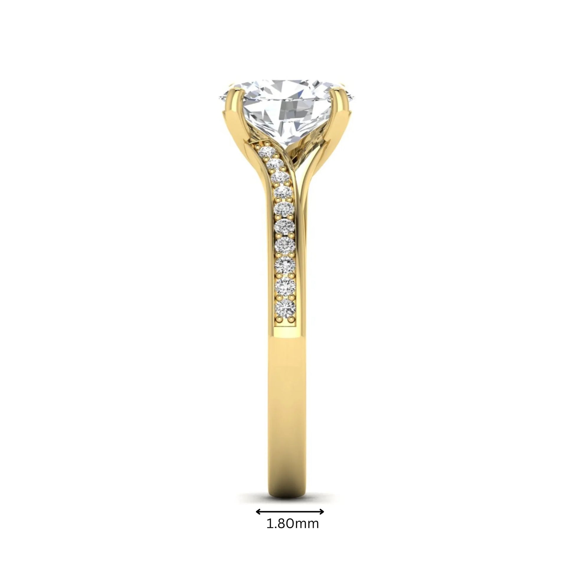 IGI Certified 1.86 carat Oval cut lab grown diamond solitaire engagement ring with round pave diamond band in yellow gold.