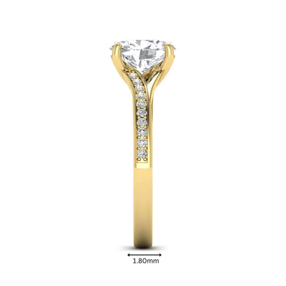IGI Certified 1.86 carat Oval cut lab grown diamond solitaire engagement ring with round pave diamond band in yellow gold.