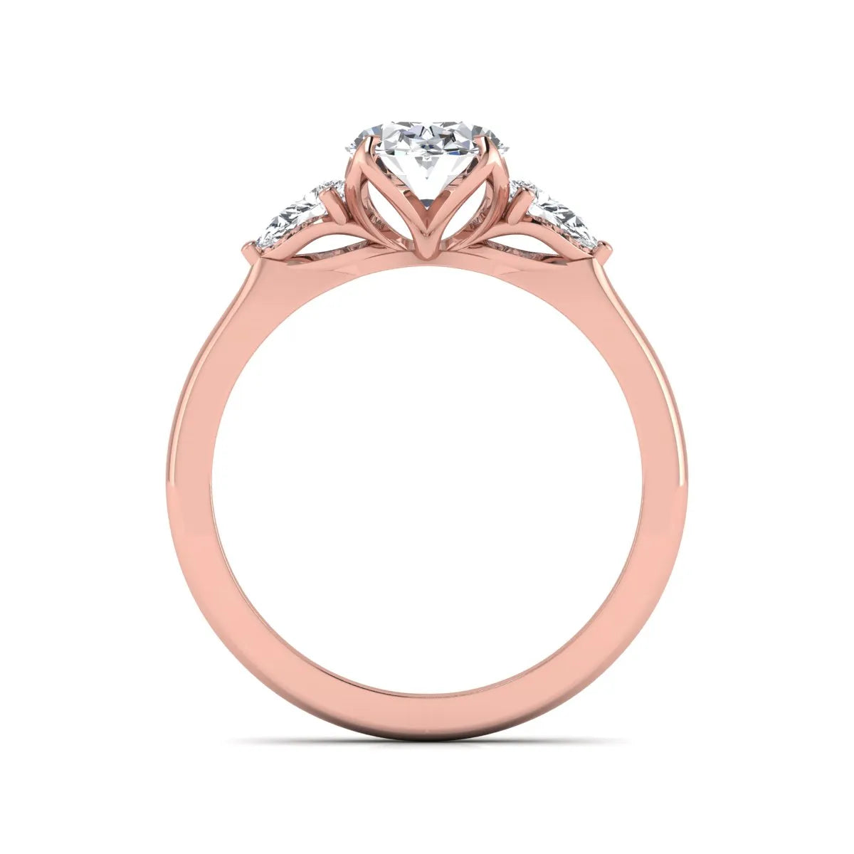 Oval & Pear Three Stone Lab Grown Diamond Engagement Ring featuring a 9.00 × 7.00 mm IGI Certified oval-cut center diamond with pear-cut side diamonds in rose gold.