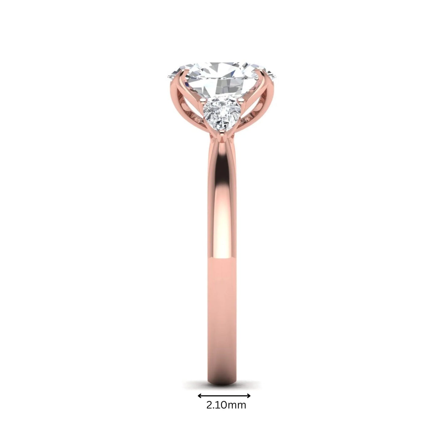 Oval & Pear Three Stone Lab Grown Diamond Engagement Ring featuring a 9.00 × 7.00 mm IGI Certified oval-cut center diamond with pear-cut side diamonds in rose gold.