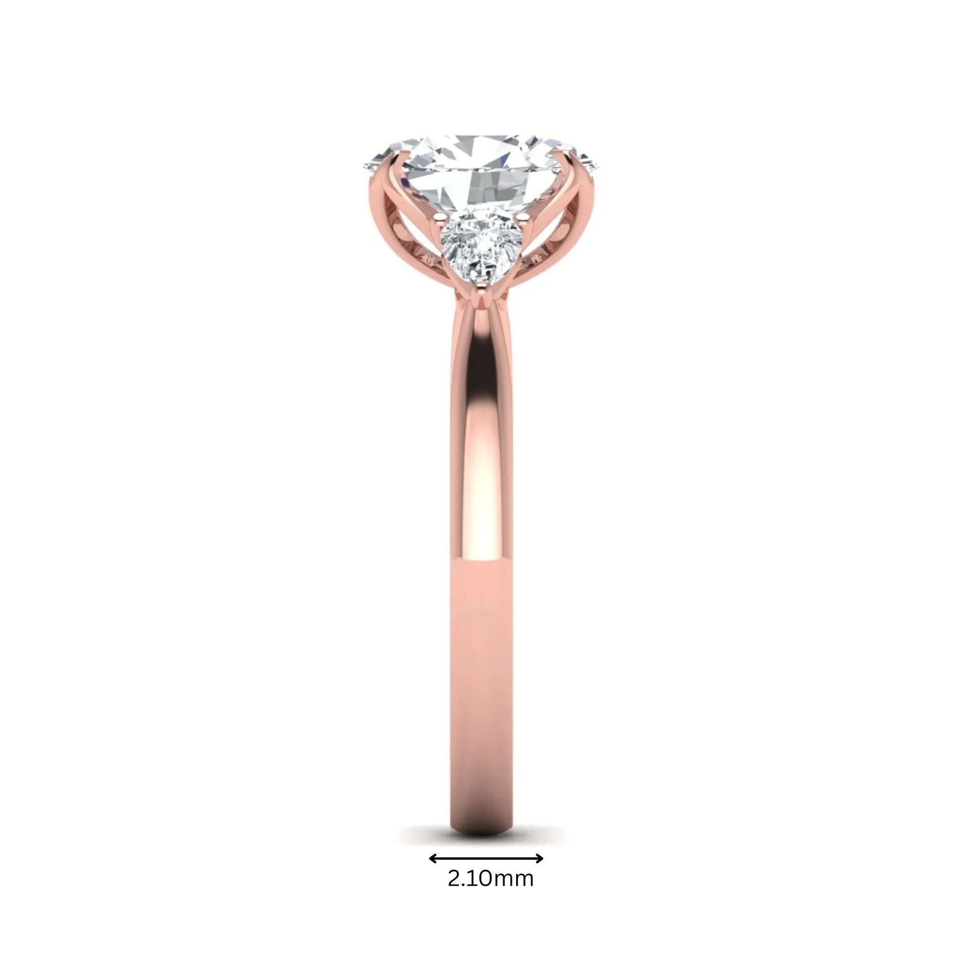 Oval & Pear Three Stone Lab Grown Diamond Engagement Ring featuring a 9.00 × 7.00 mm IGI Certified oval-cut center diamond with pear-cut side diamonds in rose gold.