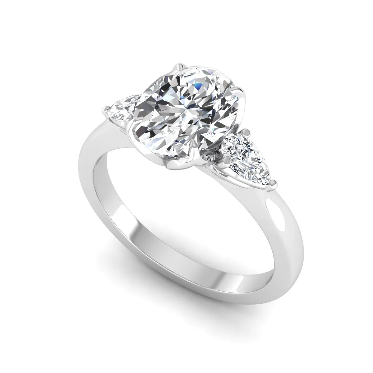 Oval & Pear Three Stone Lab Grown Diamond Engagement Ring featuring a 9.00 × 7.00 mm IGI Certified oval-cut center diamond with pear-cut side diamonds in white gold.