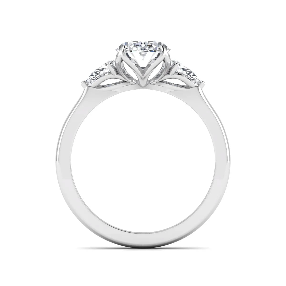 Oval & Pear Three Stone Lab Grown Diamond Engagement Ring featuring a 9.00 × 7.00 mm IGI Certified oval-cut center diamond with pear-cut side diamonds in white gold.