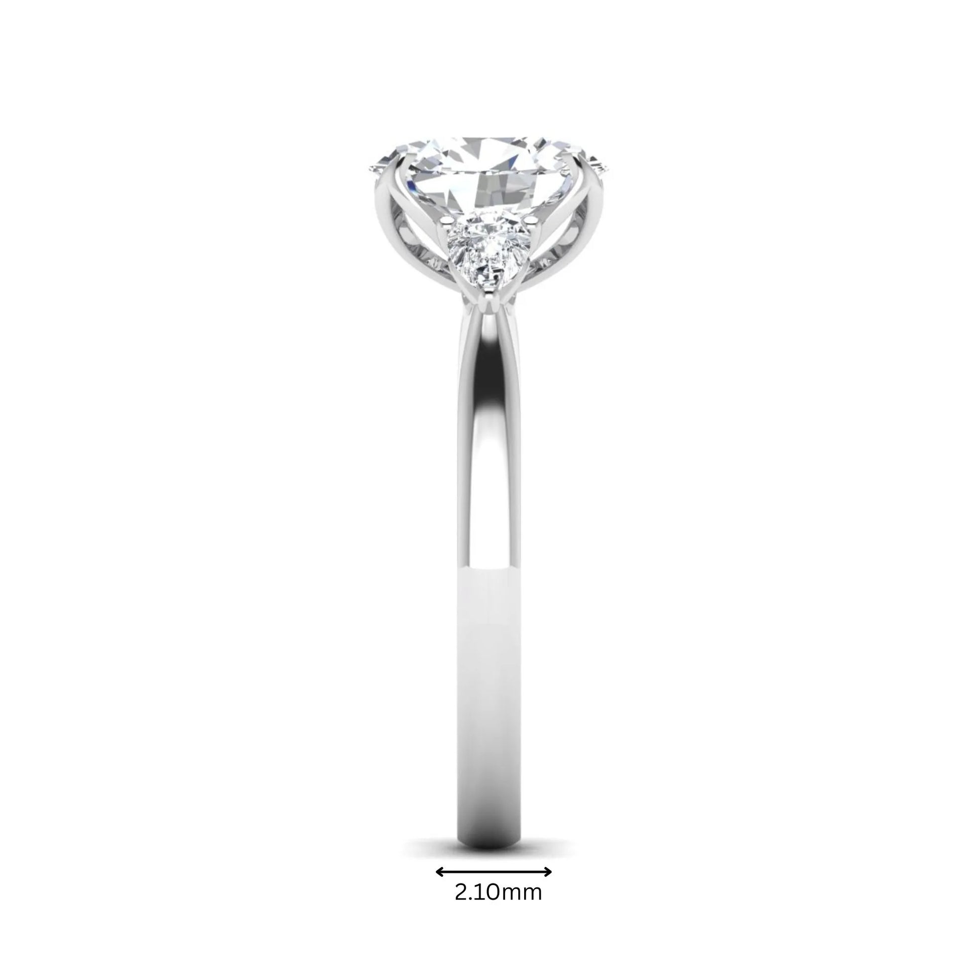 Oval & Pear Three Stone Lab Grown Diamond Engagement Ring featuring a 9.00 × 7.00 mm IGI Certified oval-cut center diamond with pear-cut side diamonds in white gold.