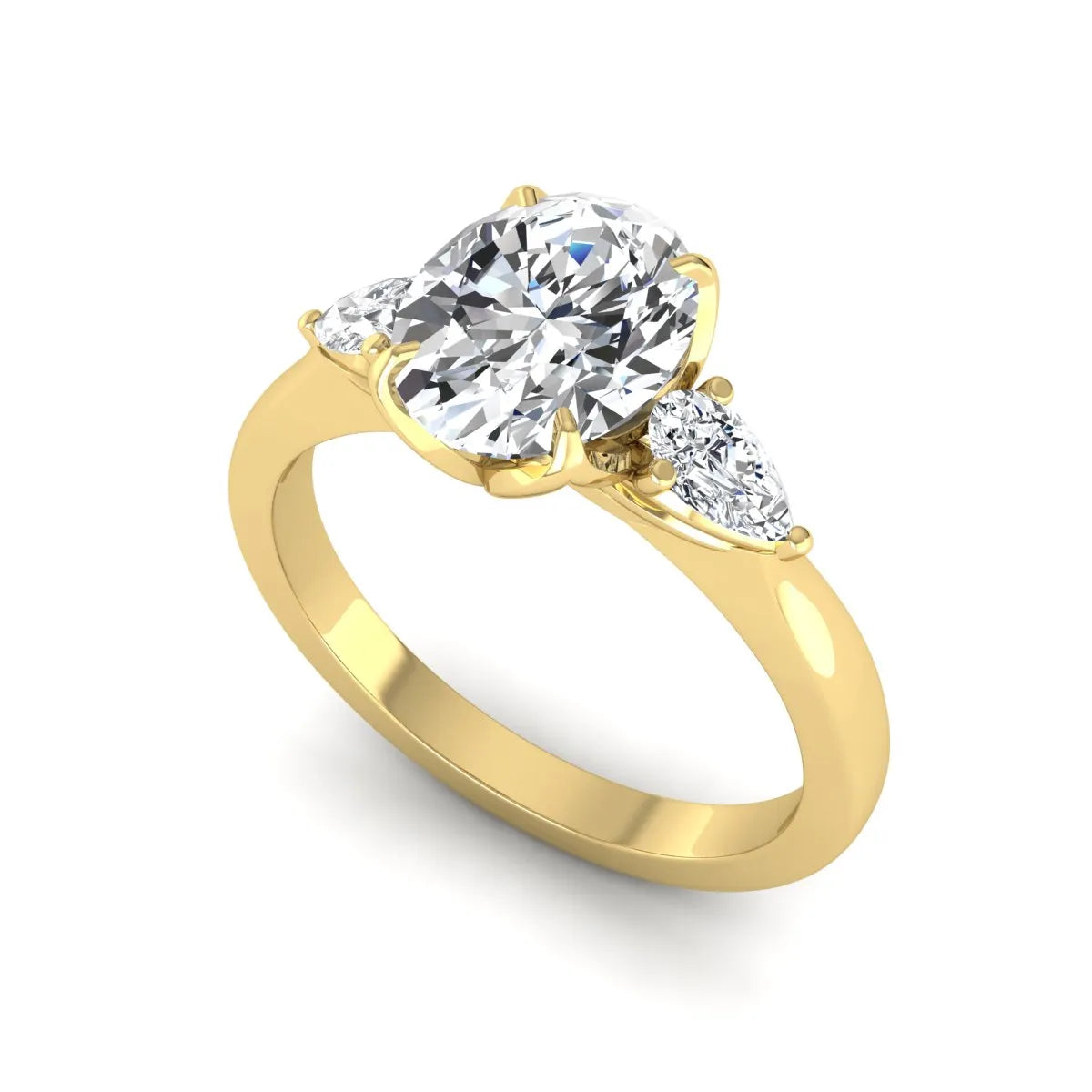 Oval & Pear Three Stone Lab Grown Diamond Engagement Ring featuring a 9.00 × 7.00 mm IGI Certified oval-cut center diamond with pear-cut side diamonds in yellow gold.