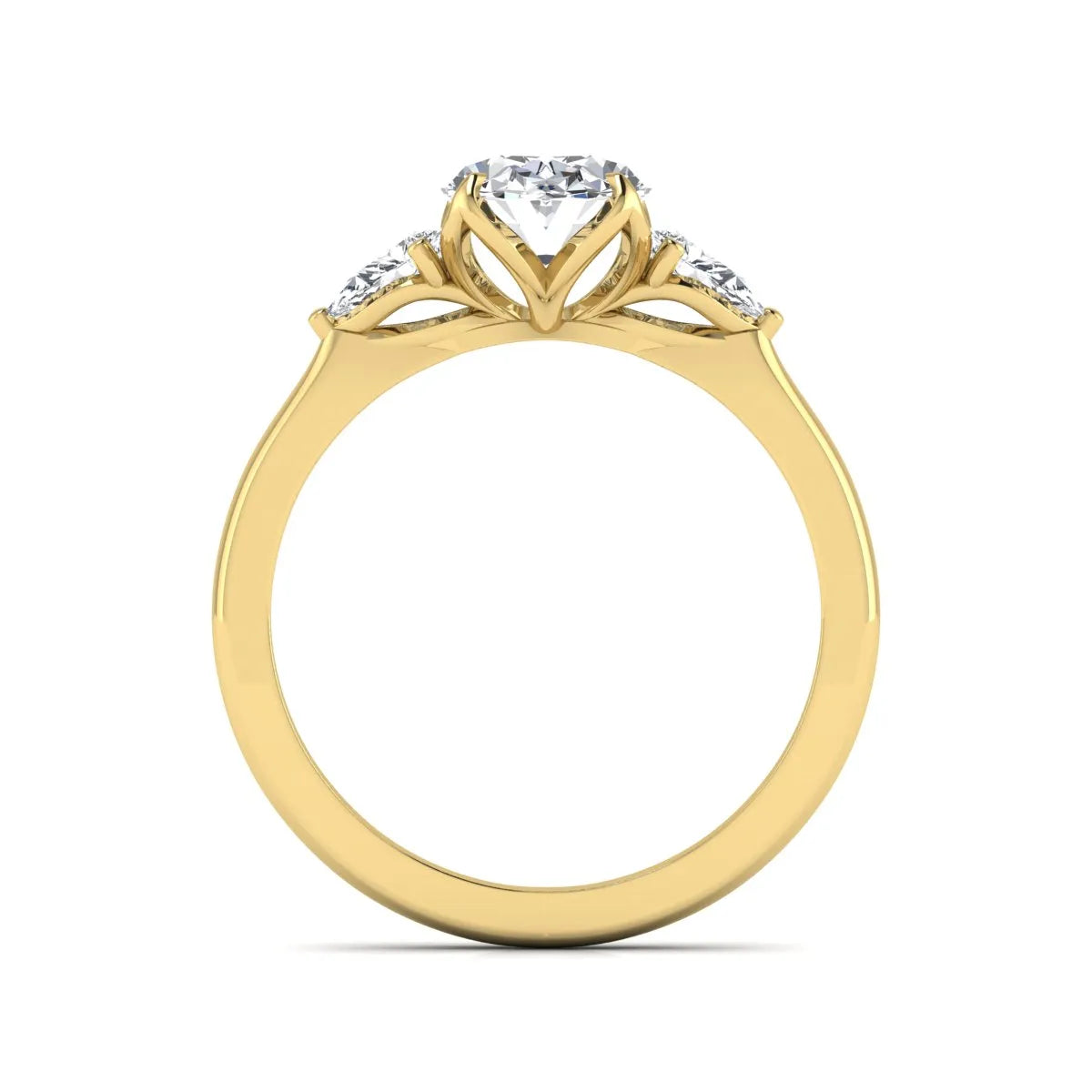 Oval & Pear Three Stone Lab Grown Diamond Engagement Ring featuring a 9.00 × 7.00 mm IGI Certified oval-cut center diamond with pear-cut side diamonds in yellow gold.