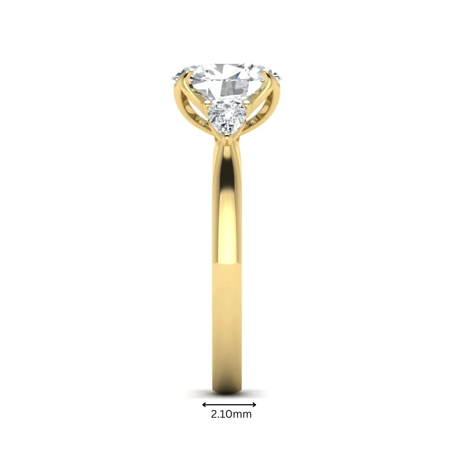 Oval & Pear Three Stone Lab Grown Diamond Engagement Ring featuring a 9.00 × 7.00 mm IGI Certified oval-cut center diamond with pear-cut side diamonds in yellow gold.