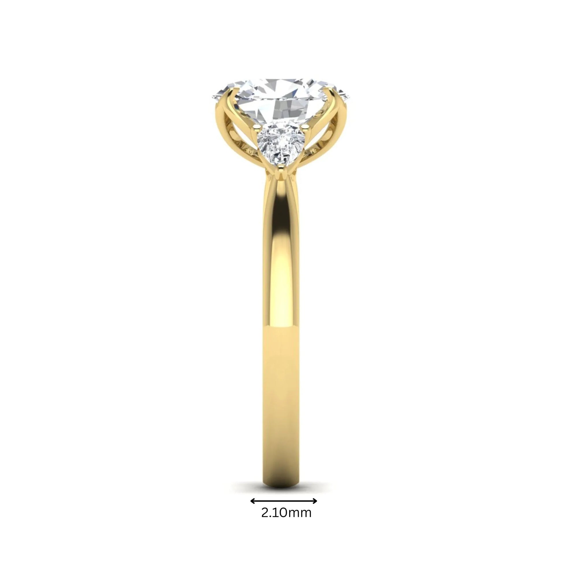 Oval & Pear Three Stone Lab Grown Diamond Engagement Ring featuring a 9.00 × 7.00 mm IGI Certified oval-cut center diamond with pear-cut side diamonds in yellow gold.