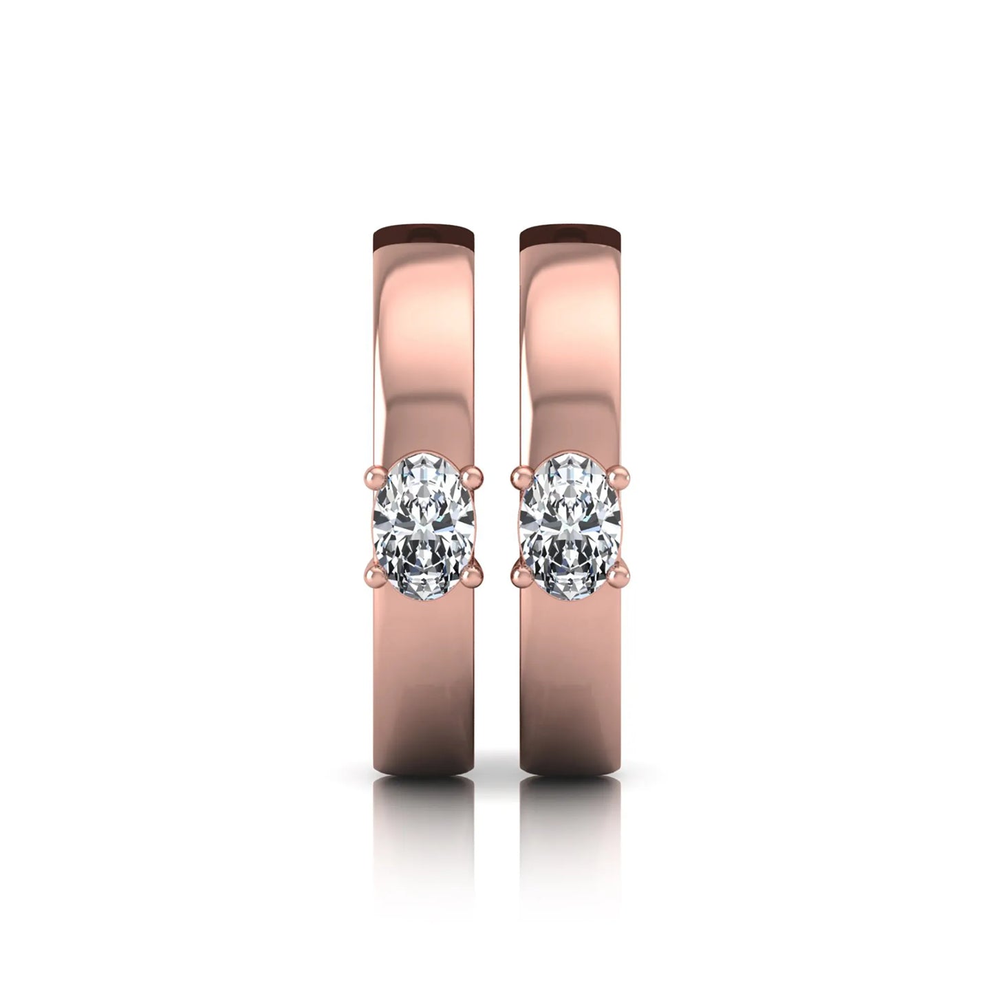 Oval cut lab grown diamond huggie hoop earrings featuring a classic four prong setting and hinged snap closure shown in rose gold tone with a polished finish.