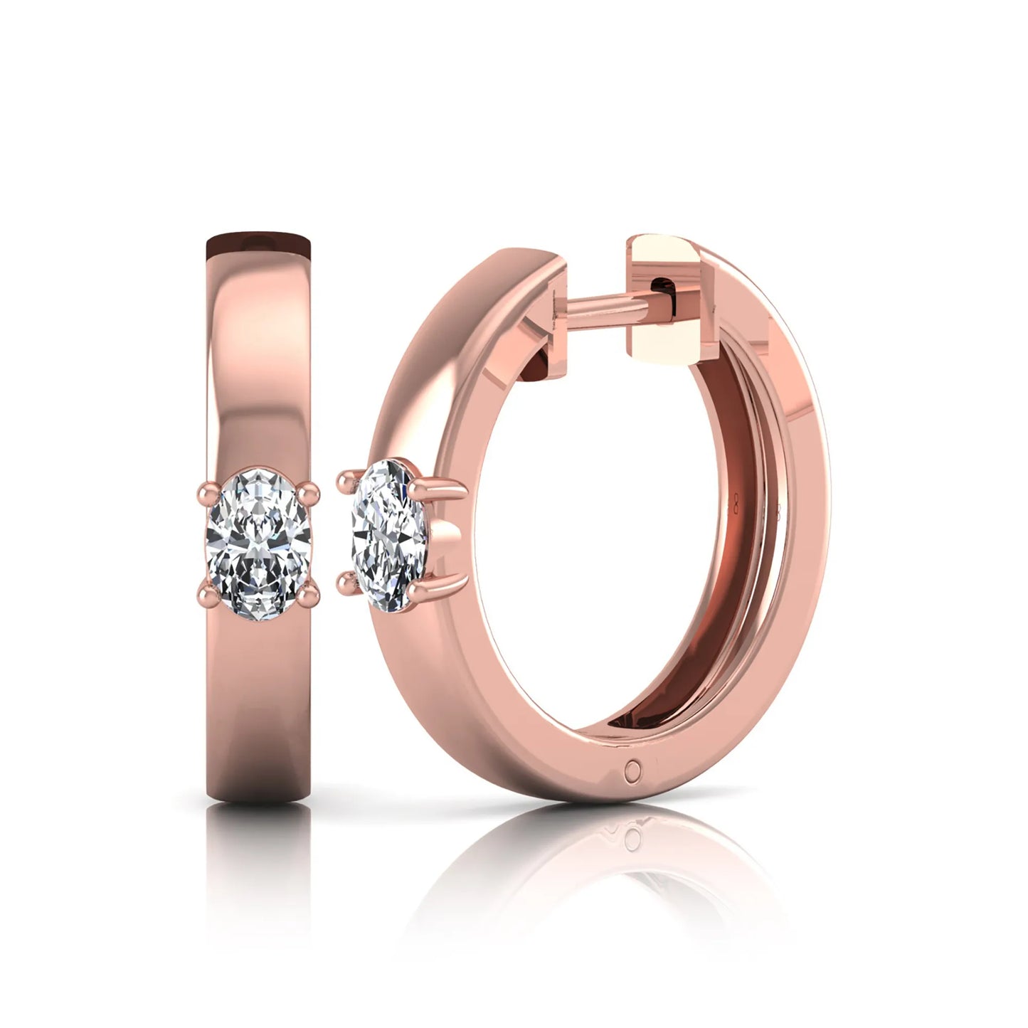 Oval cut lab grown diamond huggie hoop earrings featuring a classic four prong setting and hinged snap closure shown in rose gold tone with a polished finish.