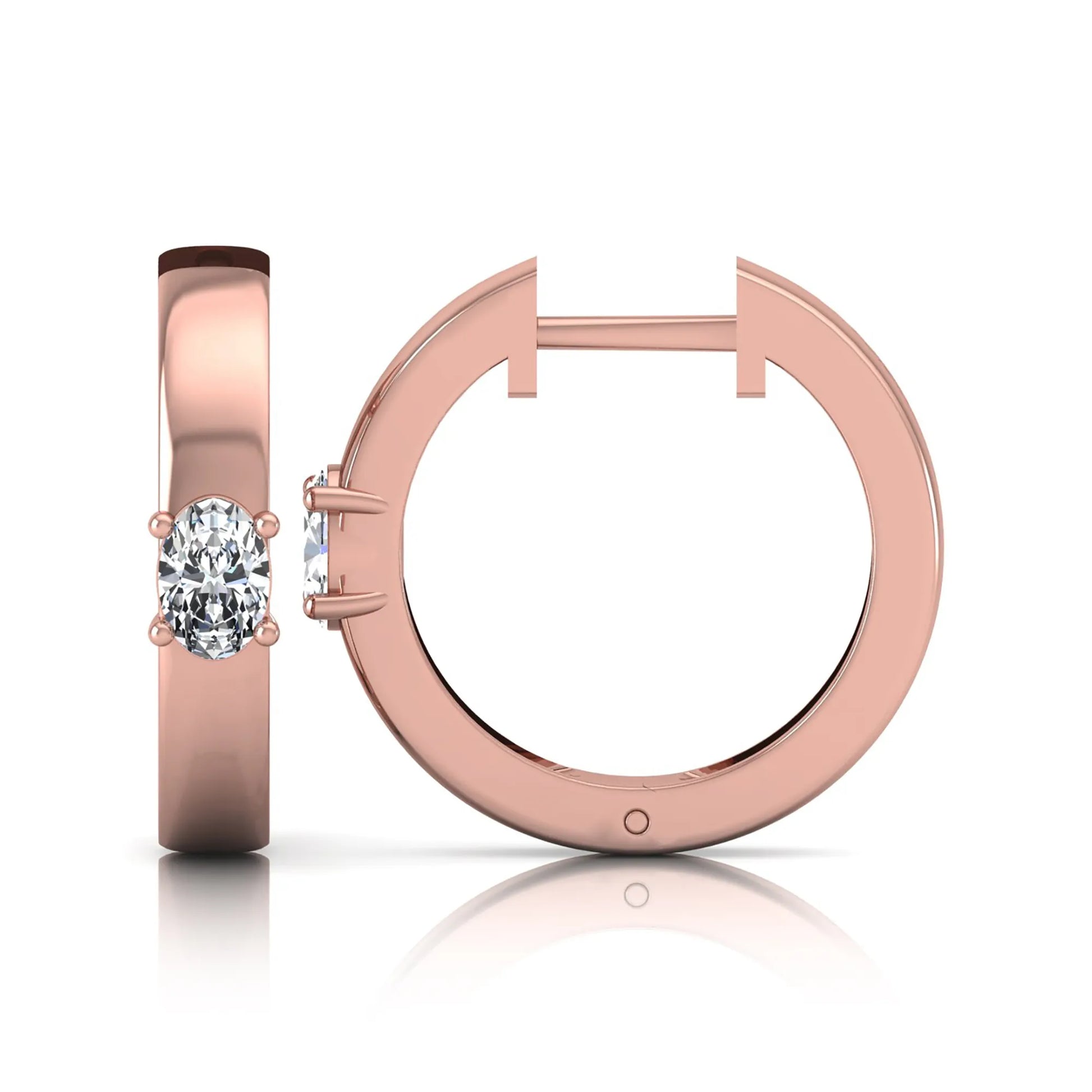 Oval cut lab grown diamond huggie hoop earrings featuring a classic four prong setting and hinged snap closure shown in rose gold tone with a polished finish.
