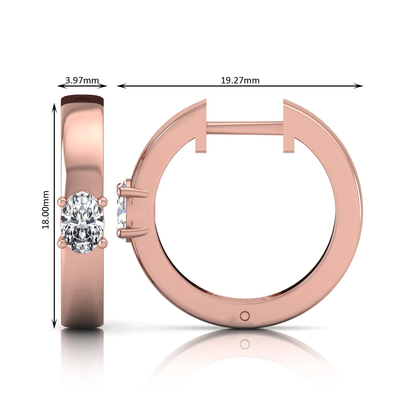 Oval cut lab grown diamond huggie hoop earrings featuring a classic four prong setting and hinged snap closure shown in rose gold tone with a polished finish.