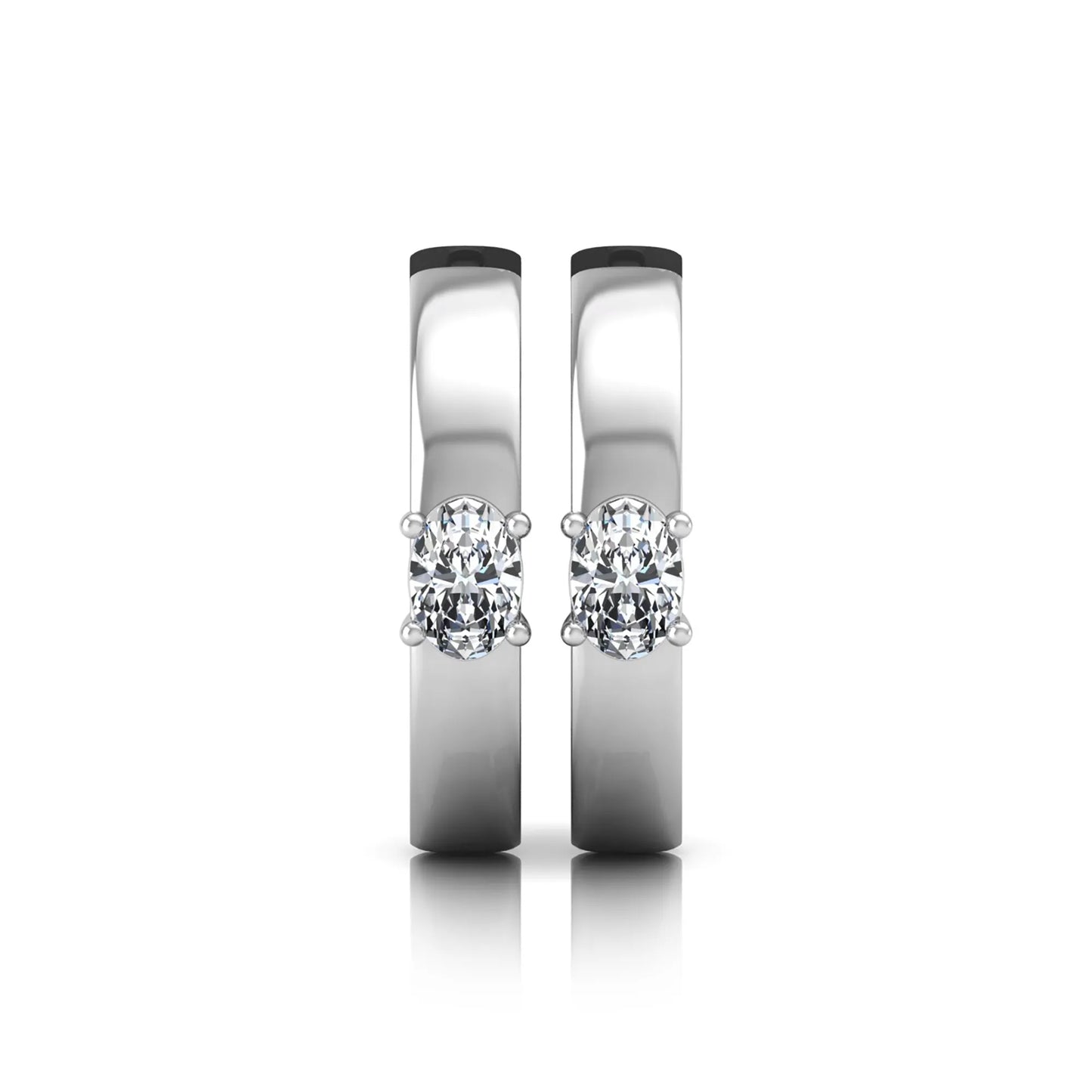Oval cut lab grown diamond huggie hoop earrings featuring a classic four prong setting and hinged snap closure shown in white gold tone with a polished finish.