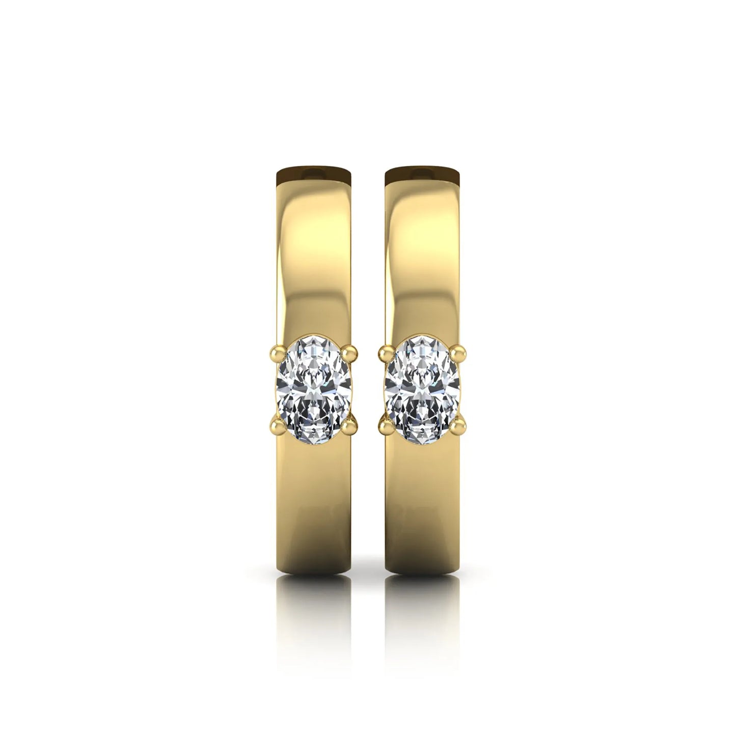Oval cut lab grown diamond huggie hoop earrings featuring a classic four prong setting and hinged snap closure shown in yellow gold tone with a polished finish.