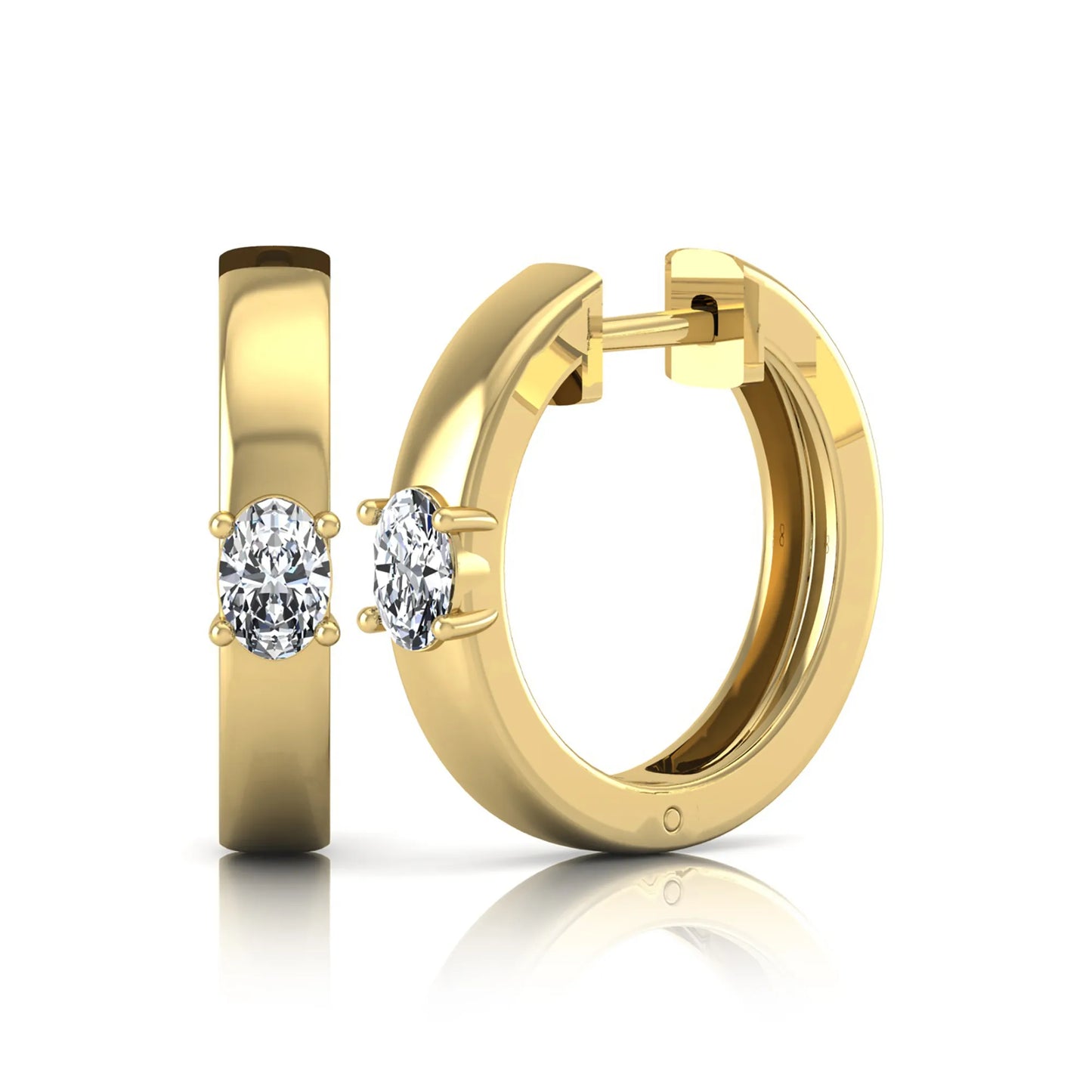 Oval cut lab grown diamond huggie hoop earrings featuring a classic four prong setting and hinged snap closure shown in yellow gold tone with a polished finish.