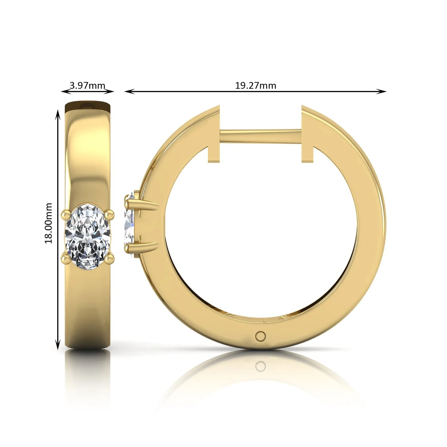 Oval cut lab grown diamond huggie hoop earrings featuring a classic four prong setting and hinged snap closure shown in yellow gold tone with a polished finish.