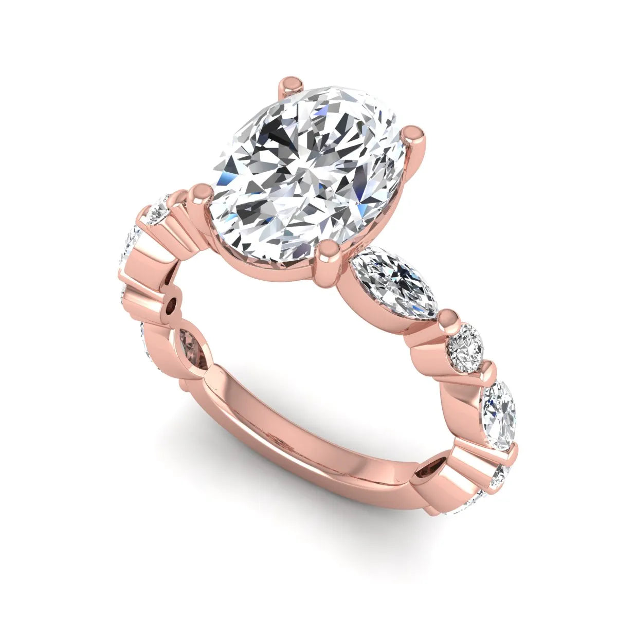 Oval prong set lab grown diamond engagement ring featuring a 2.50 carat oval center diamond with marquise and round accent diamonds in rose gold finish.