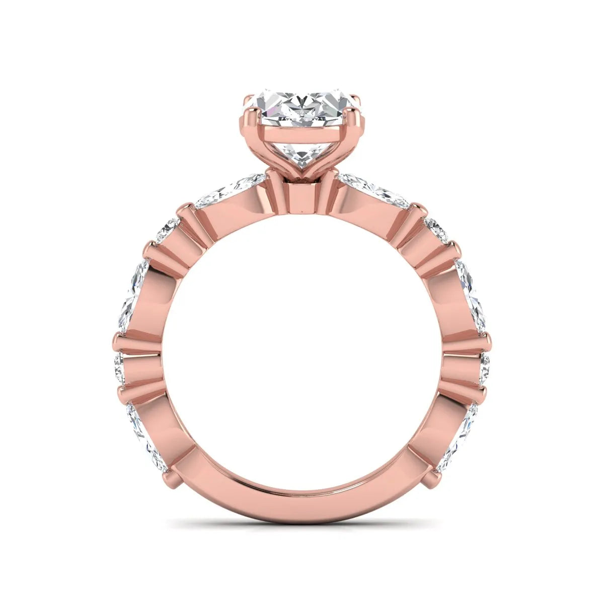 Oval prong set lab grown diamond engagement ring featuring a 2.50 carat oval center diamond with marquise and round accent diamonds in rose gold finish.