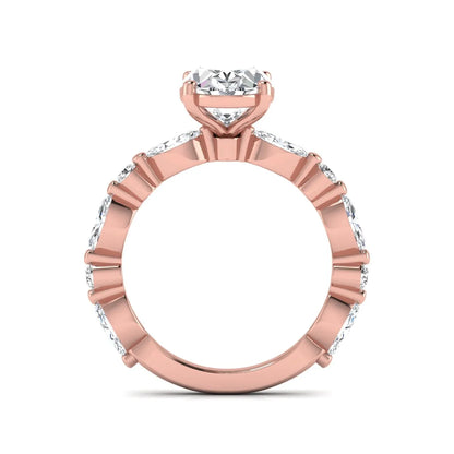 Oval prong set lab grown diamond engagement ring featuring a 2.50 carat oval center diamond with marquise and round accent diamonds in rose gold finish.