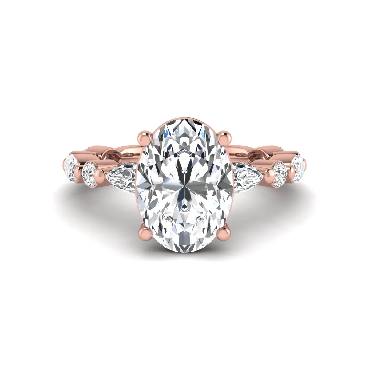 Oval prong set lab grown diamond engagement ring featuring a 2.50 carat oval center diamond with marquise and round accent diamonds in rose gold finish.