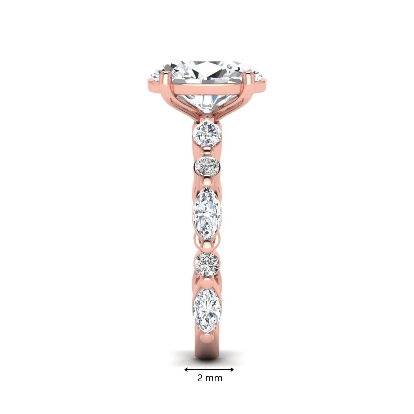 Oval prong set lab grown diamond engagement ring featuring a 2.50 carat oval center diamond with marquise and round accent diamonds in rose gold finish.