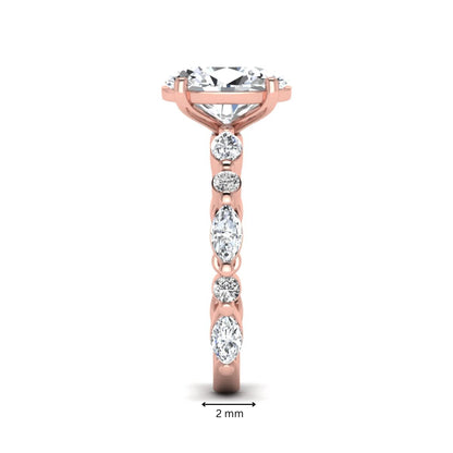 Oval prong set lab grown diamond engagement ring featuring a 2.50 carat oval center diamond with marquise and round accent diamonds in rose gold finish.