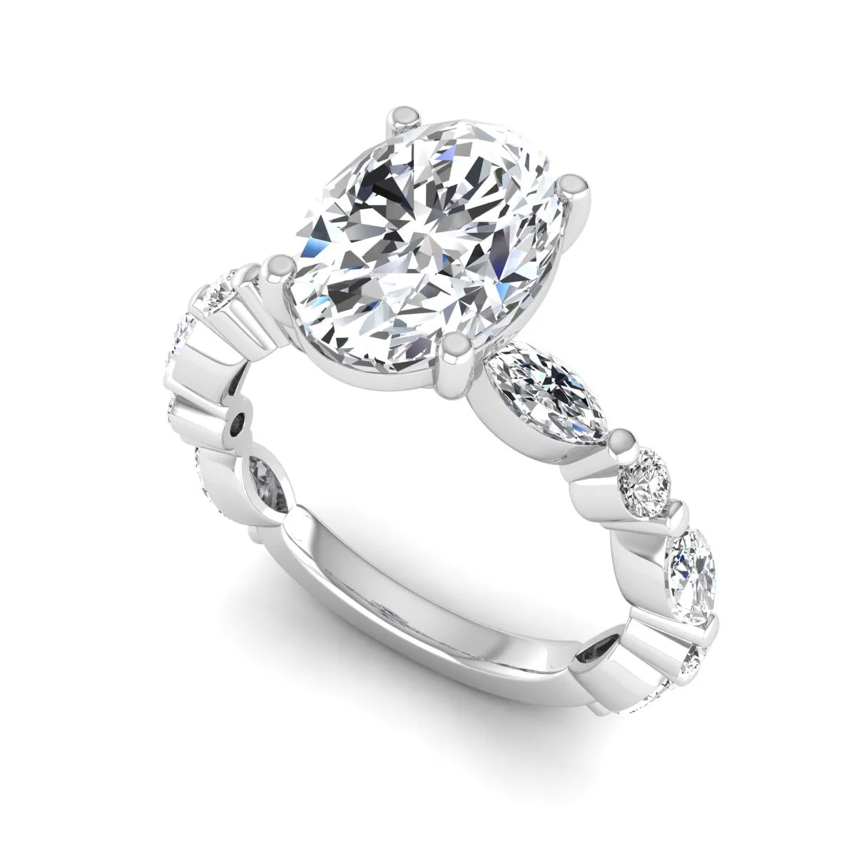 Oval prong set lab grown diamond engagement ring featuring a 2.50 carat oval center diamond with marquise and round accent diamonds in white gold finish.
