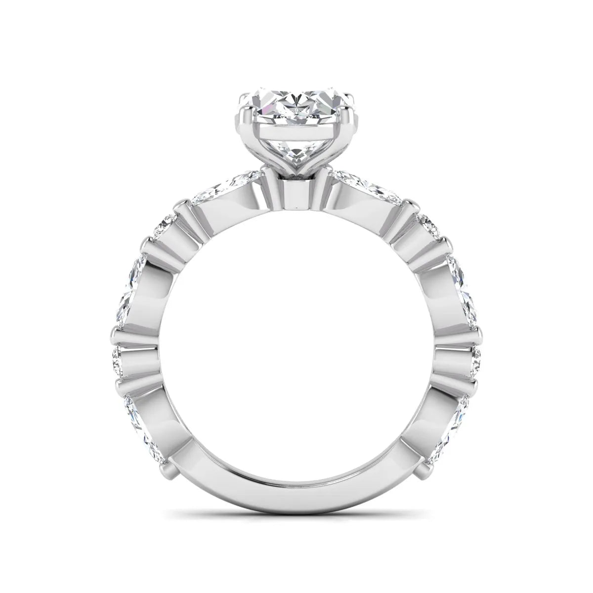 Oval prong set lab grown diamond engagement ring featuring a 2.50 carat oval center diamond with marquise and round accent diamonds in white gold finish.