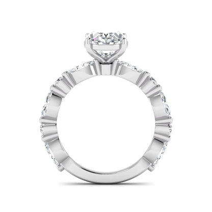 Oval prong set lab grown diamond engagement ring featuring a 2.50 carat oval center diamond with marquise and round accent diamonds in white gold finish.
