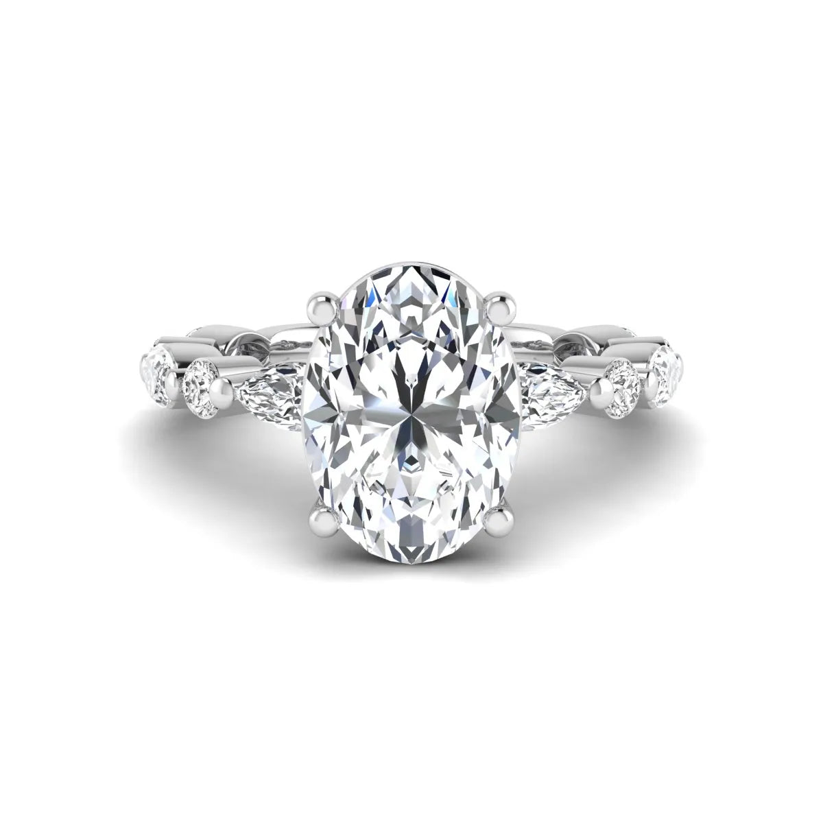 Oval prong set lab grown diamond engagement ring featuring a 2.50 carat oval center diamond with marquise and round accent diamonds in white gold finish.
