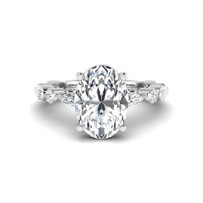Oval prong set lab grown diamond engagement ring featuring a 2.50 carat oval center diamond with marquise and round accent diamonds in white gold finish.