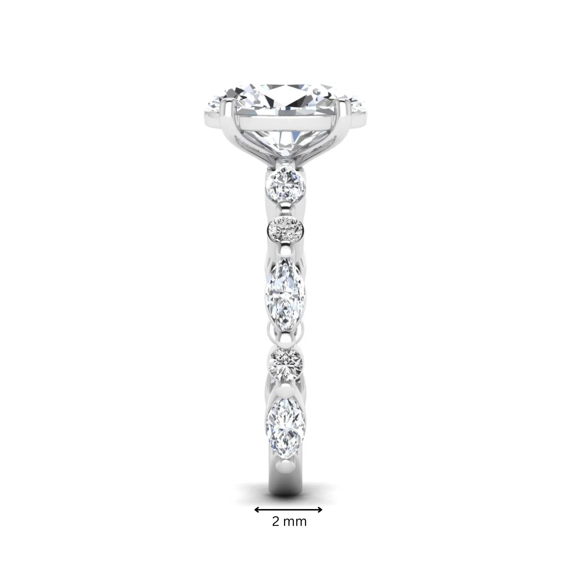 Oval prong set lab grown diamond engagement ring featuring a 2.50 carat oval center diamond with marquise and round accent diamonds in white gold finish.