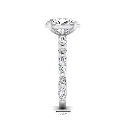 Oval prong set lab grown diamond engagement ring featuring a 2.50 carat oval center diamond with marquise and round accent diamonds in white gold finish.