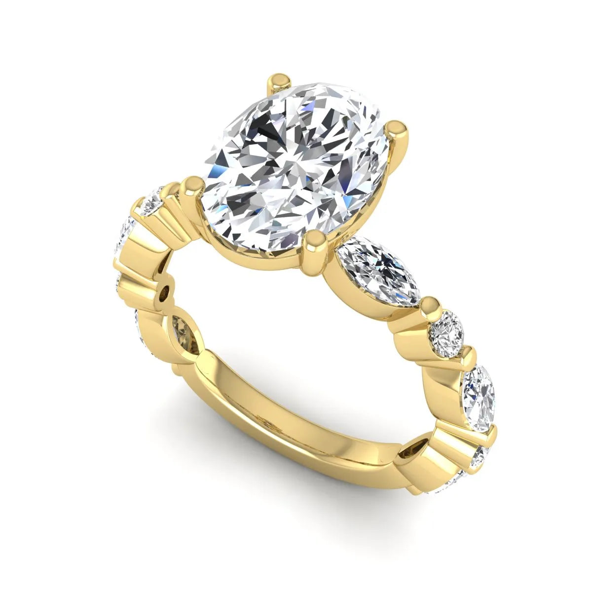 Oval prong set lab grown diamond engagement ring featuring a 2.50 carat oval center diamond with marquise and round accent diamonds in yellow gold finish.