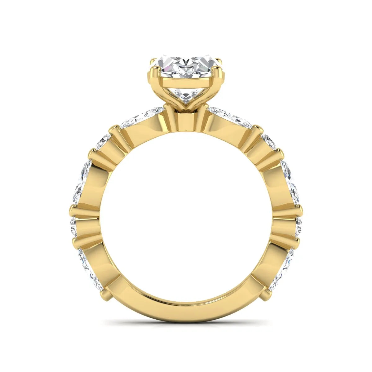 Oval prong set lab grown diamond engagement ring featuring a 2.50 carat oval center diamond with marquise and round accent diamonds in yellow gold finish.