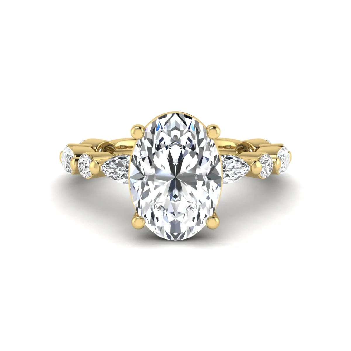 Oval prong set lab grown diamond engagement ring featuring a 2.50 carat oval center diamond with marquise and round accent diamonds in yellow gold finish.