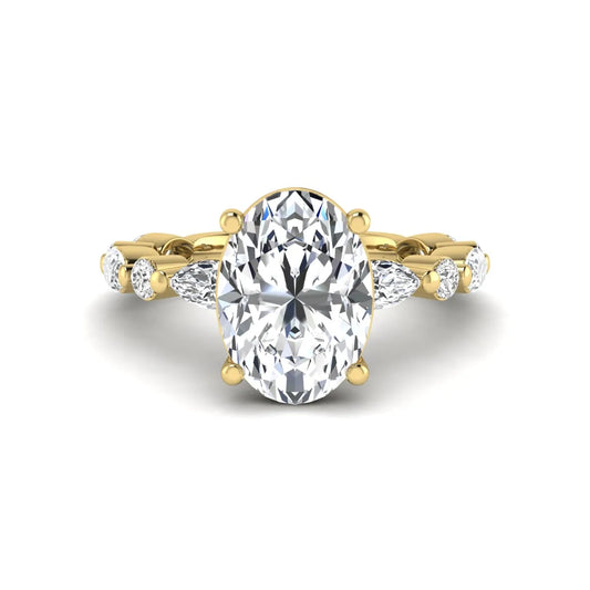 Oval prong set lab grown diamond engagement ring featuring a 2.50 carat oval center diamond with marquise and round accent diamonds in yellow gold finish.
