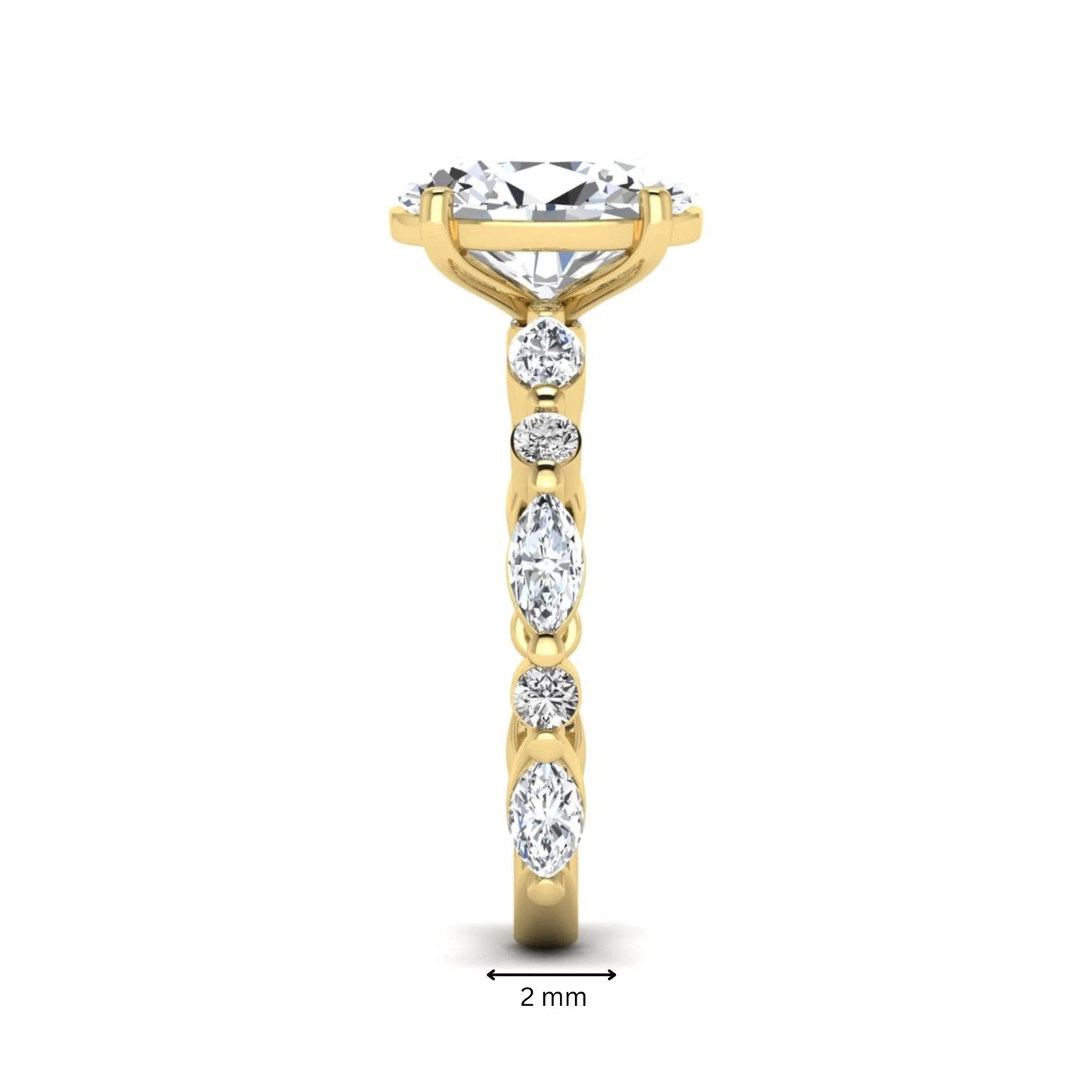 Oval prong set lab grown diamond engagement ring featuring a 2.50 carat oval center diamond with marquise and round accent diamonds in yellow gold finish.