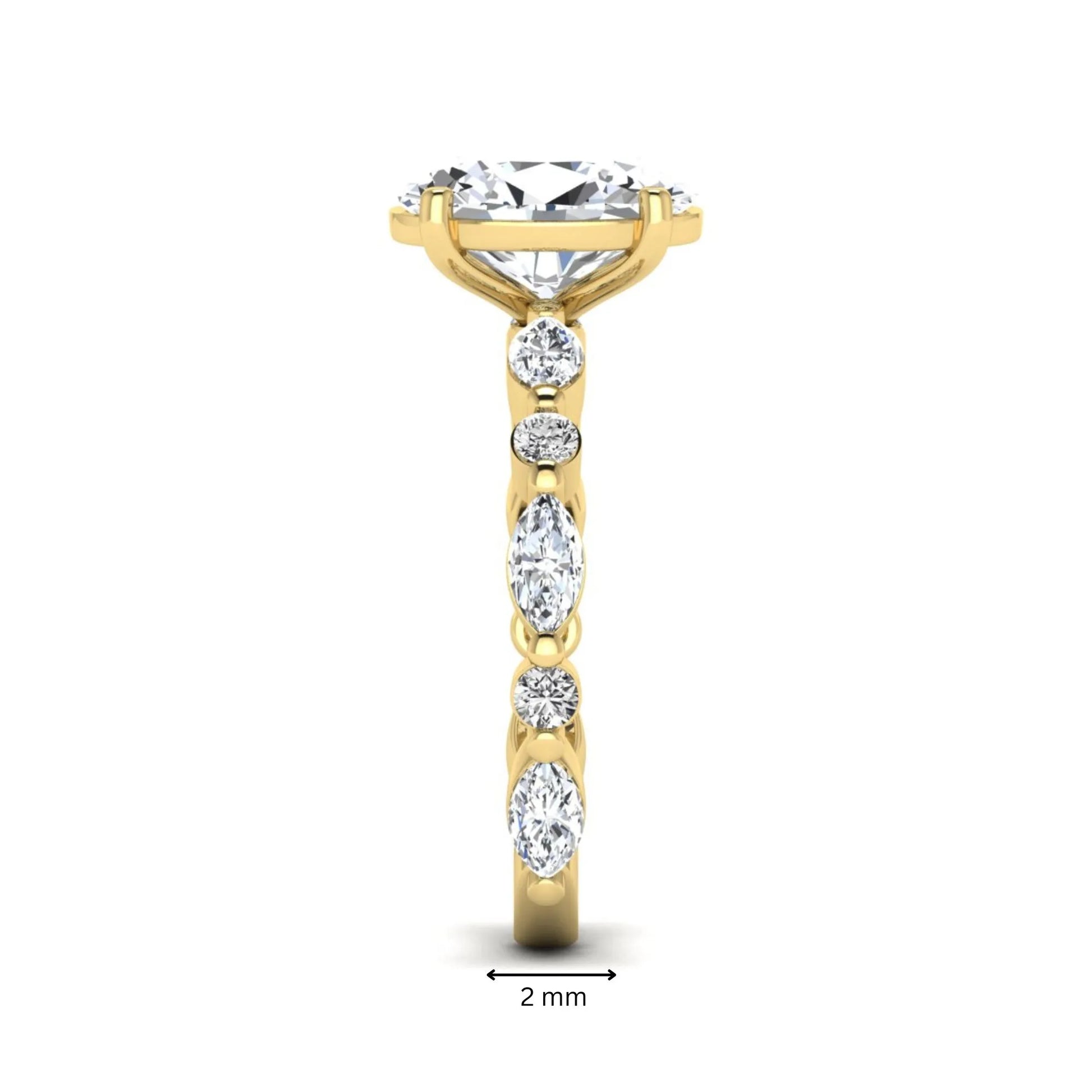 Oval prong set lab grown diamond engagement ring featuring a 2.50 carat oval center diamond with marquise and round accent diamonds in yellow gold finish.