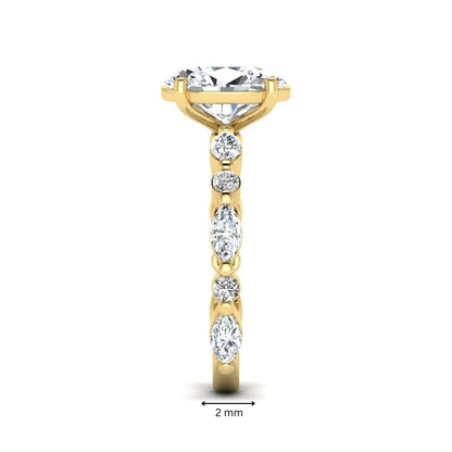 Oval prong set lab grown diamond engagement ring featuring a 2.50 carat oval center diamond with marquise and round accent diamonds in yellow gold finish.