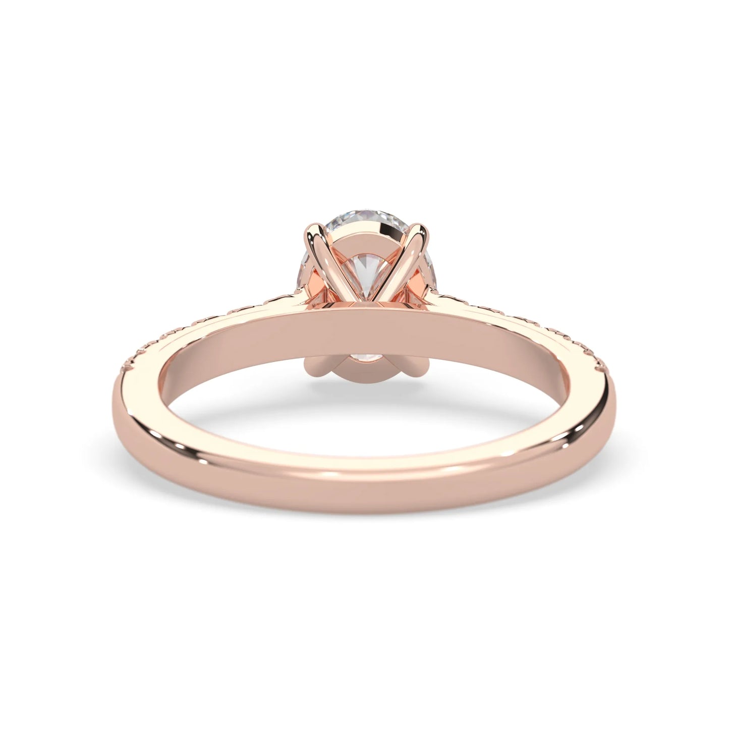 Oval cut lab grown diamond prong set engagement ring with pavé band and rose gold  metal tone design