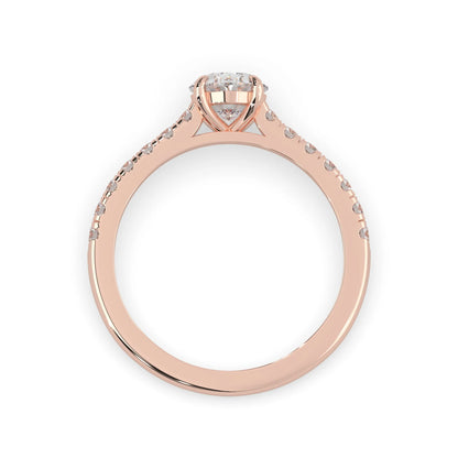 Oval cut lab grown diamond prong set engagement ring with pavé band and rose gold  metal tone design